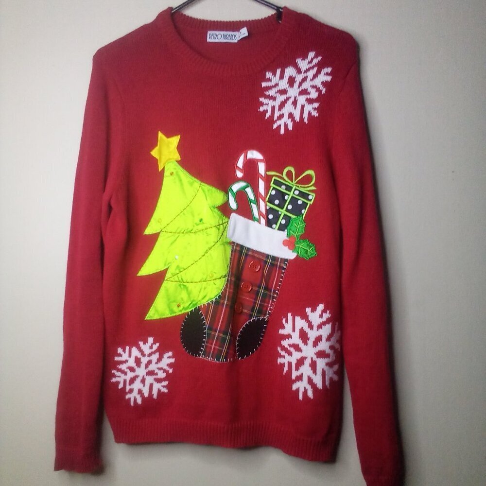Retro Threads Sweater Christmas Holiday S Women  Long Sleeve Tree Stocking